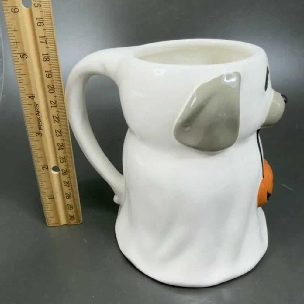 Pottery Barn Ceramic Dog Ghost Holding A Pumpkin Coffee Mug Cup Whimsical 25oz‎
